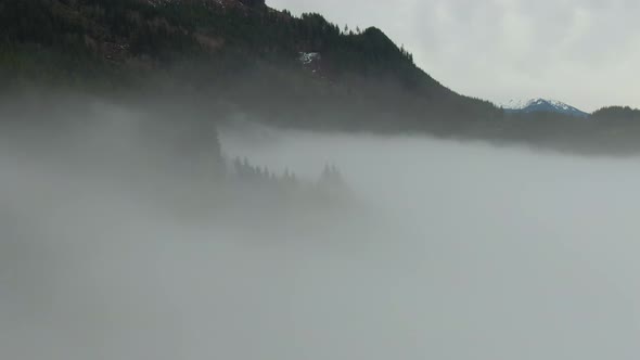 Aerial View of Canadian Mountain Landscape Covered in Fog Over Harrison Lake