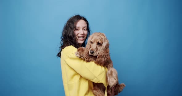 Funny English Cocker Spaniel Posing with a Woman in Studio