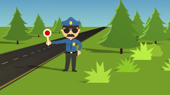 2d animation of the police officer from the highway patrol stopping the car.