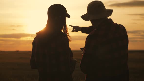 Silhouette Team Farmers Stand in a Wheat Field with Tablet at Sunset. Partnership Concept.