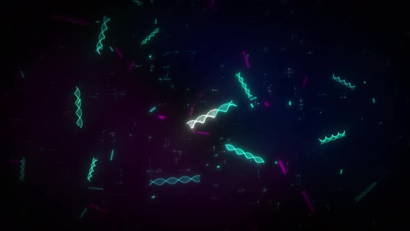 Scientific Background Showing Dark Space Filled With Neon DNA Molecules