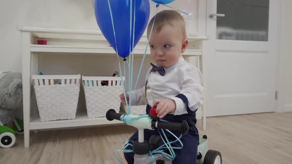 Kid Celebrating His First Birthday Received a Balance Bike As a Gift Baby Boy on Baby Balance Bike