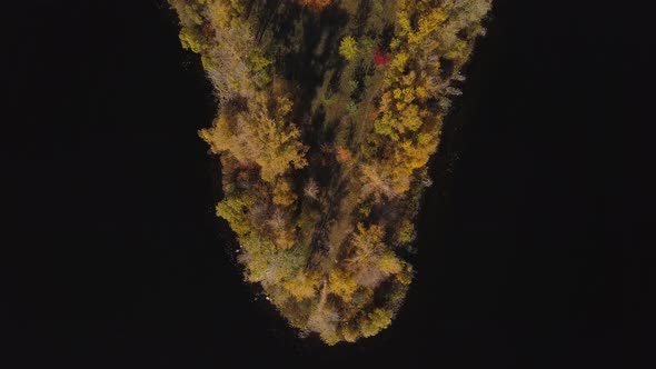 Aerial: Island on Dnipro river in Obolon district of Kiyv, autumn time