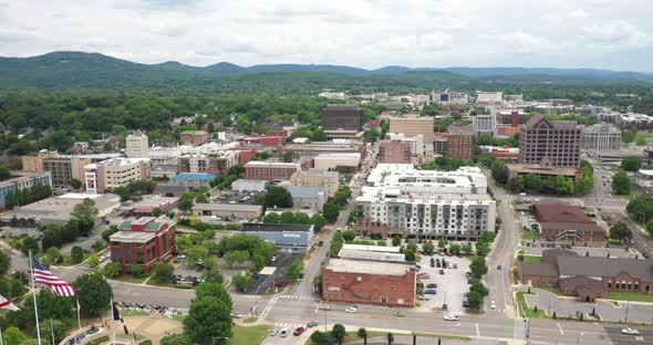 Huntsville, Alabama skyline with drone video moving in.