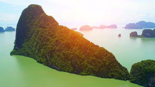 Aerial view from a drone over many islands at Phang Nga Bay