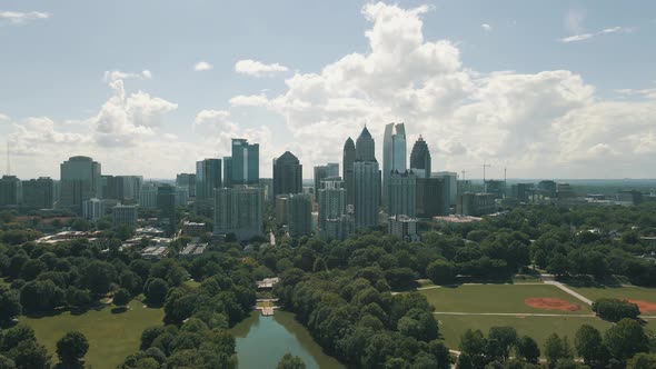 Beautiful drone footage of Midtown Atlanta and Piedmont Park on a bright sunny day