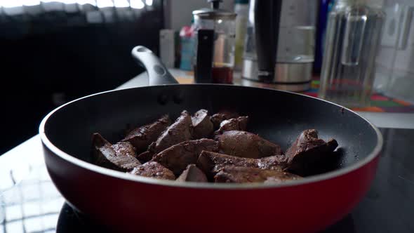 Fried Turkey Liver Cooking in the Pan