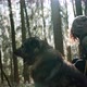 A Girl and a Dog Sitting in the Forest Looking Around - VideoHive Item for Sale