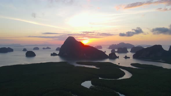 Aerial view Landscape mountain and river or lake tourist Samet Nangshe Bay, Phang Nga Thailand.