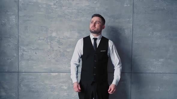 Young Business Man Caucasian Nationality with Beard Middle Aged Classic Black Suit Shirt Tie Poses