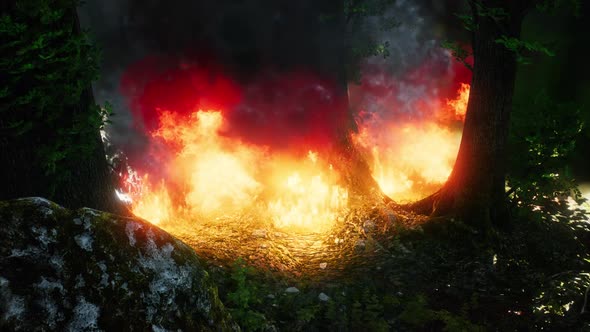 Wind Blowing on a Flaming Trees During a Forest Fire