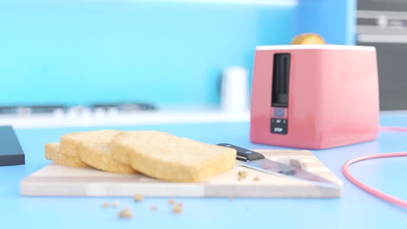 Cute animation with a pink toaster in the colorful kitchen Valentine day