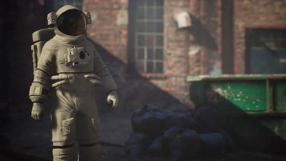 Lost Astronaut Near Abandoned Industrial Buildings of Old Factory