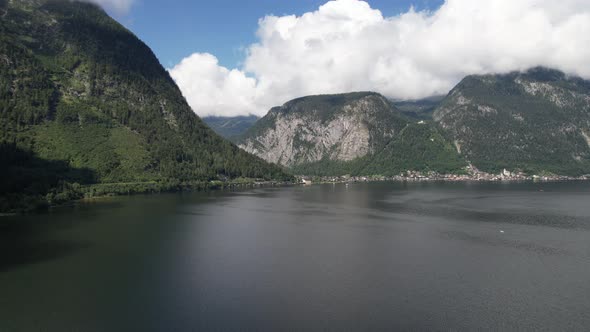 Aerial view Hallstätter See and big mountains Alps, Hallstatt, Austria