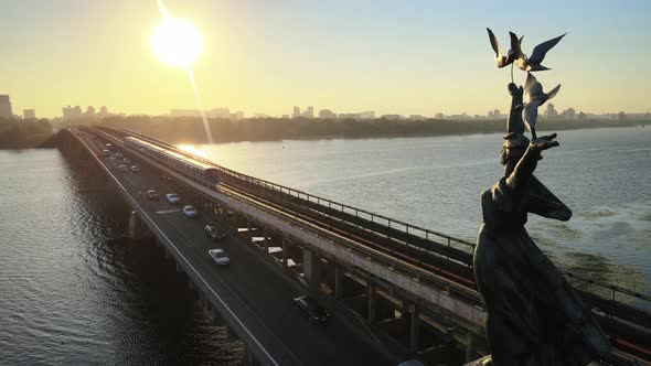 Metro Bridge in the Morning at Sunrise in Kyiv, Ukraine. Dnipro Station