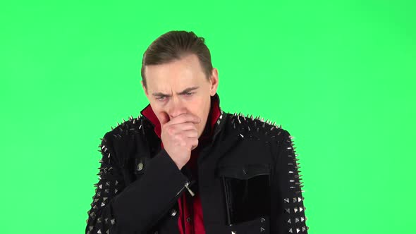 Guy Got a Cold, Sore Throat and Head, Cough on Green Screen at Studio