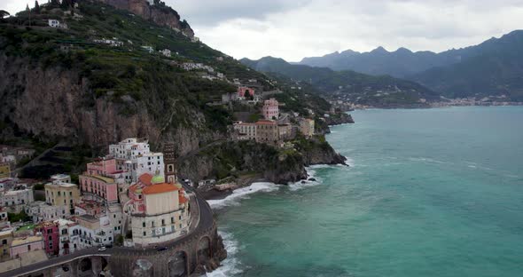 Picturesque Cliffside Buildings and Villas on Italy's Amalfi Coast - Aerial