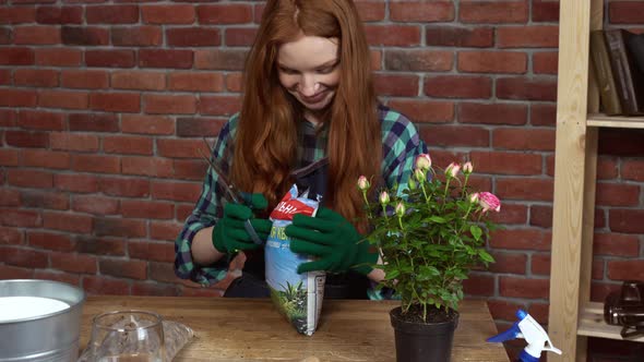 Beautiful Redhead Girl Looking After Flowers