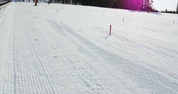 Father and son skiing on snowy alps