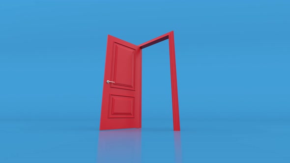 Open red door on blue background