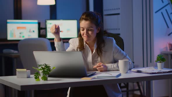 Excited Woman Winner Looking at Laptop Celebrate Online Win Success