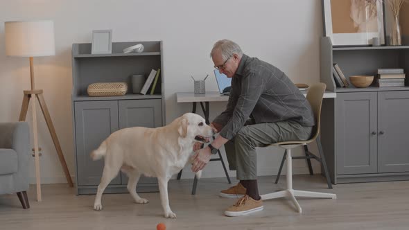 Senior Man Playing with Dog at Home