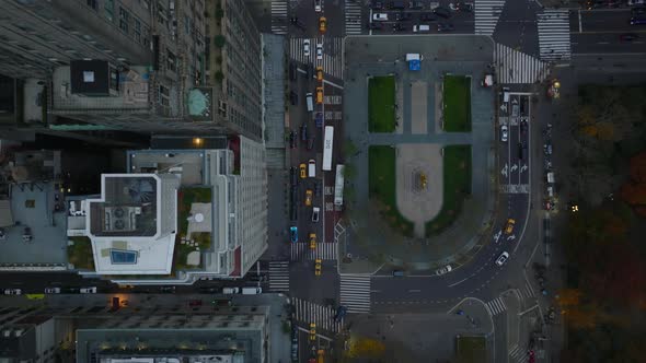 Aerial Birds Eye Overhead Top Down Panning Shot of Busy Streets and Crossroads at Pulitzer and Grand