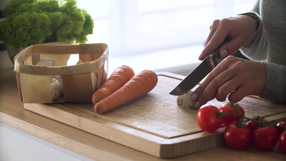 Cooking. Closeup Of Cutting Fresh Organic Vegetables