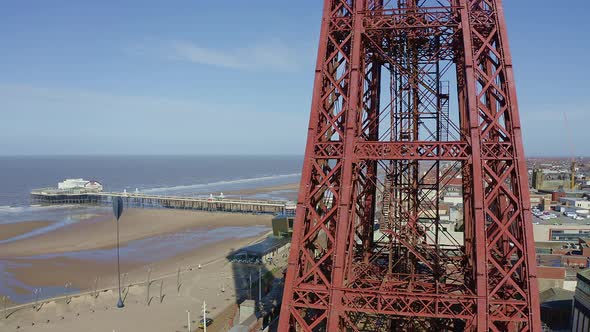 Aerial footage, drone view , of the famous Blackpool Tower and beach from the sky on a beautiful Sum