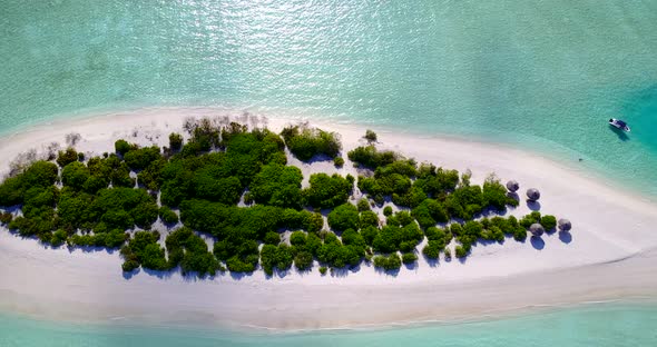 Daytime drone abstract shot of a paradise sunny white sand beach and turquoise sea background in col