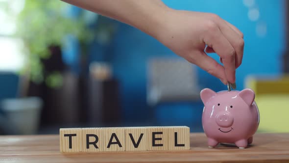Hand Puts Coins in a Piggy Bank in Form of a Pig Next to the Cubes on Which the Journey is Written