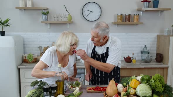 Senior Vegan Grandmother and Grandfather Cooking Salad with Fresh Vegetables in Kitchen at Home