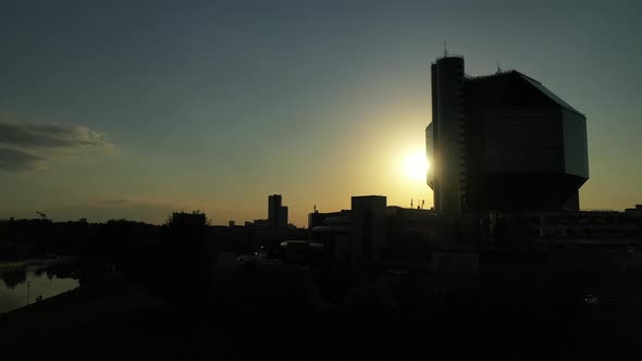 Top View of the National Library and a New Neighborhood with a Park in Minsk at Sunset