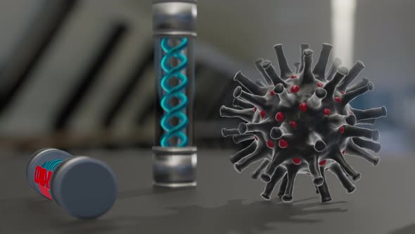 Future concept Coronavirus COVID-19 Vaccine in laboratory background. 3D render animation 4K.