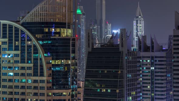 Jumeirah Lake Towers Residential District Aerial Night Timelapse Near Dubai Marina