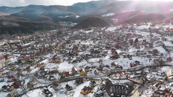 Aerial View of a Village in the Carpathian Mountains in Winter. Yaremche, Ukraine.