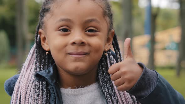Portrait Happy Smiling Afro American Schoolgirl Little Girl African Showing Thumb Up Like Support