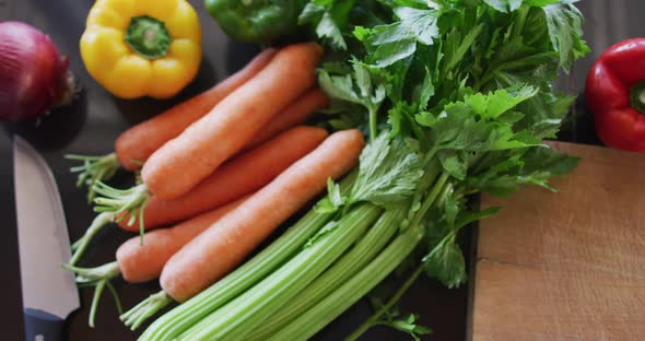 Shot of the vegetables and cutting board on the table