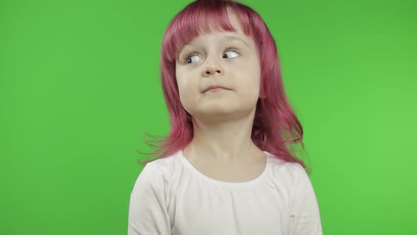 Child Girl Emotionally Looking Her Eyes From One Side To the Other. Chroma Key