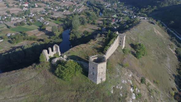 Aerial of Skala-Podilsky Castle near a town