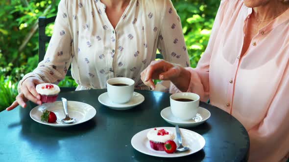 Female friends having sweet food at restaurant 4k