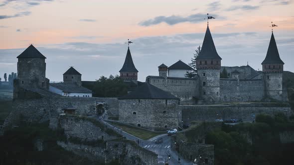 Old Fortress in Ancient City of KamyanetsPodilsky Castle Timelapse From Day to Night