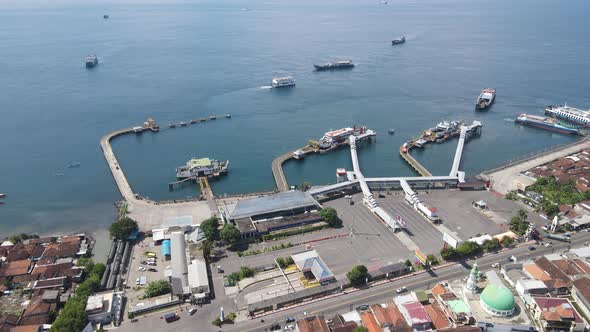 Aerial view of Port in Banyuwangi Indonesia with ferry in Bali Ocean