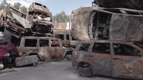 War in Ukraine a Dump of Burned Cars in Irpin Bucha District