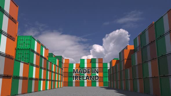 Many Cargo Containers with MADE IN IRELAND Text and Flags alt