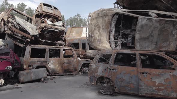 War in Ukraine a Dump of Shot and Burned Cars in Irpin Bucha District