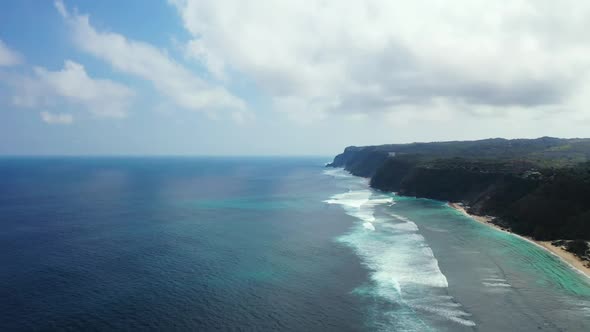 Aerial sky of perfect island beach break by clear lagoon with white sand background of adventure nea