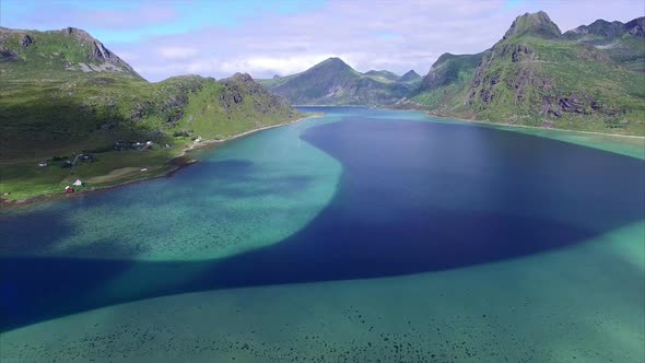 Flying down to the fjord on Lofoten in Norway