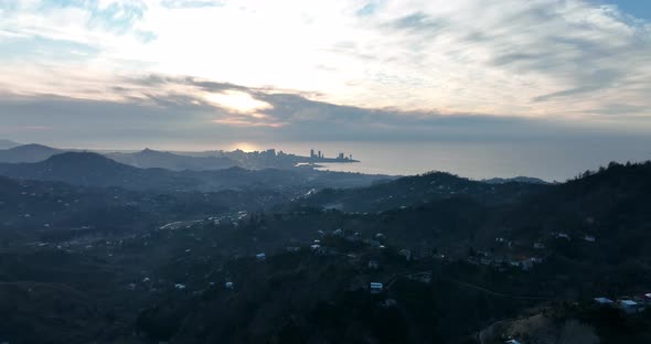 Aerial view of Batumi city at sunset. Georgia 2022 winter