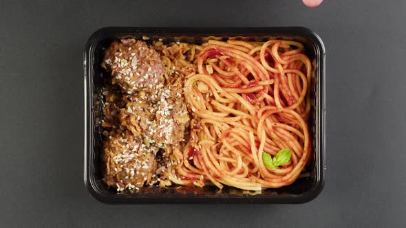 Italian Spaghetti with Meat in Lunch Box Closeup